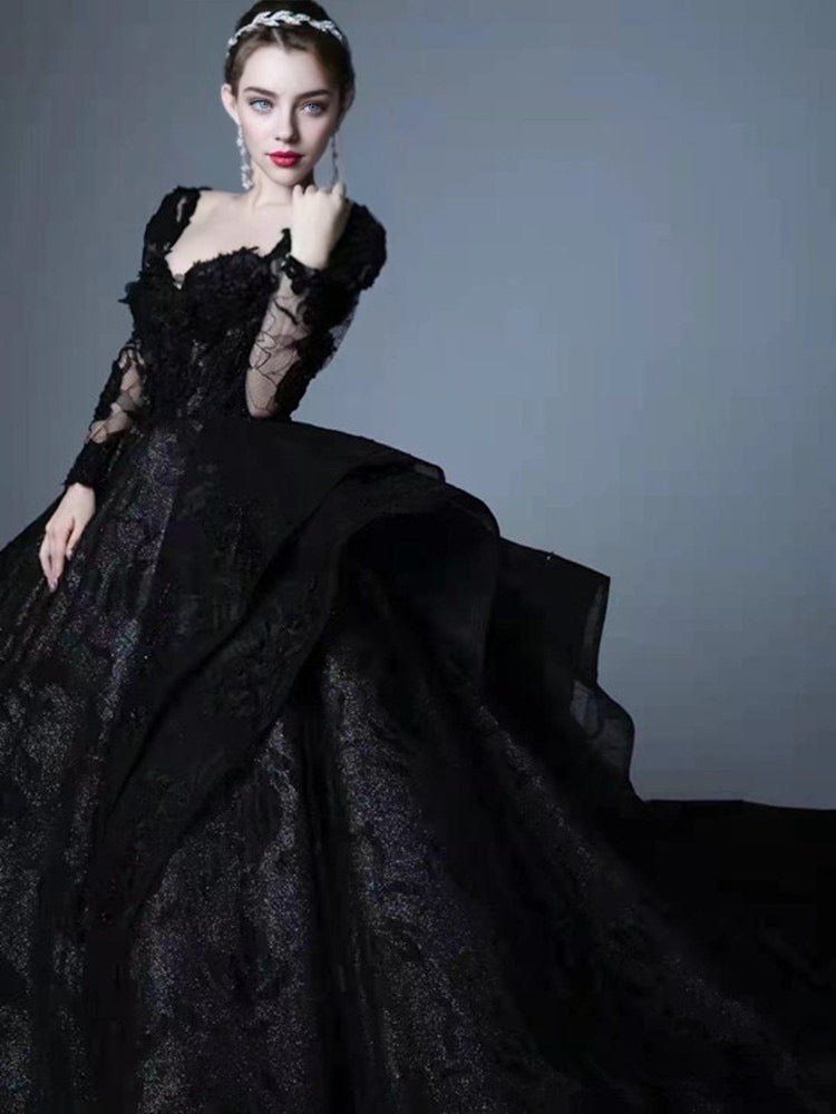 Luxury Gothic Black Long Sleeve Lace Jacquard Wedding Dress With Open Back Floor Train Plus Size - WonderlandByLilian