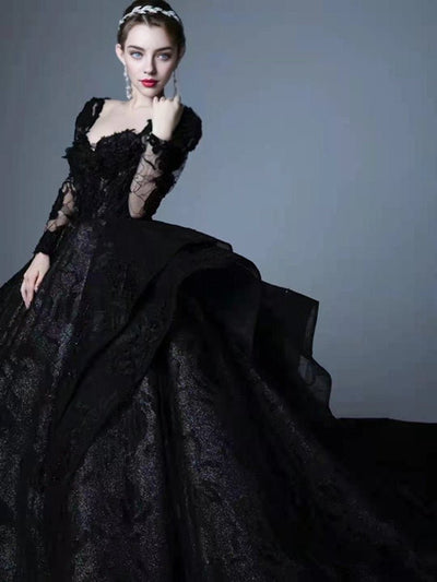 Luxury Gothic Black Long Sleeve Lace Jacquard Wedding Dress With Open Back Floor Train Plus Size - WonderlandByLilian