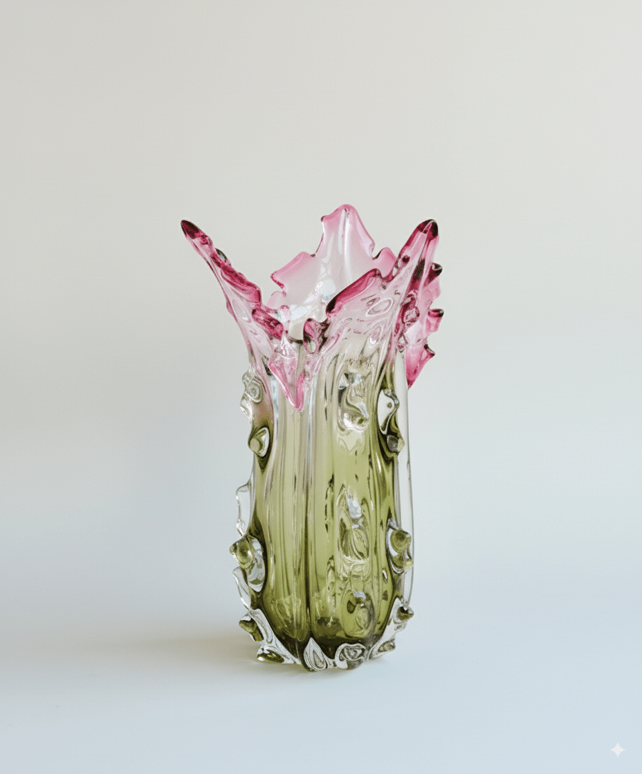 Luxury Handmade French Baccarat Crystal Vase in Gradient Pink and Green Hand - Blown Heavy Crystal - WonderlandByLilian