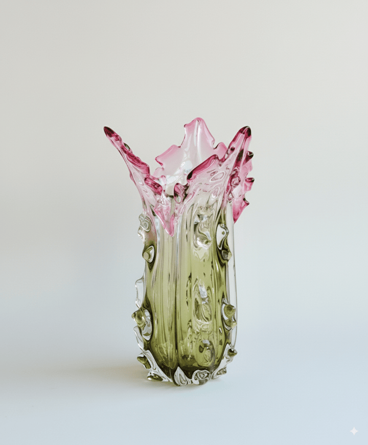Luxury Handmade French Baccarat Crystal Vase in Gradient Pink and Green Hand - Blown Heavy Crystal - WonderlandByLilian