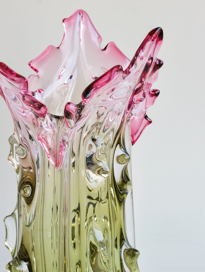 Luxury Handmade French Baccarat Crystal Vase in Gradient Pink and Green Hand - Blown Heavy Crystal - WonderlandByLilian