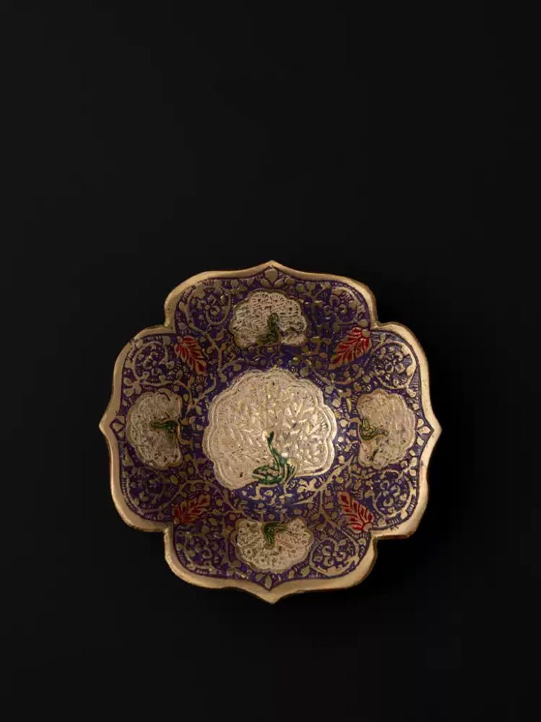 Luxury Handmade Indian Brass Decor and Jewelry Dish with Purple and Gold Mandala Motif - WonderlandByLilian