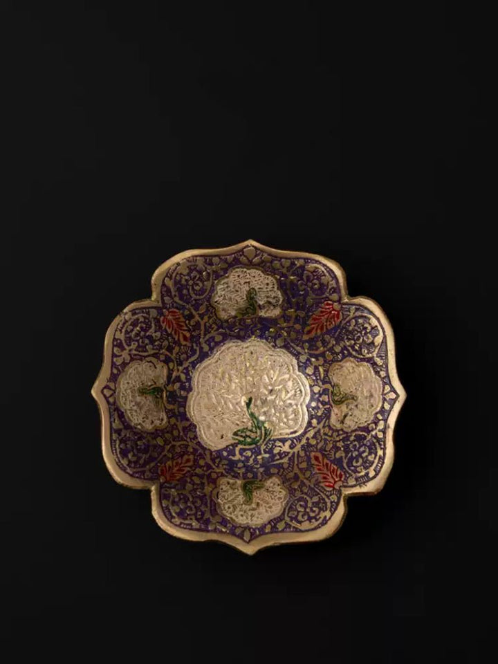Luxury Handmade Indian Brass Decor and Jewelry Dish with Purple and Gold Mandala Motif - WonderlandByLilian