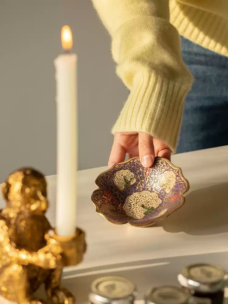 Luxury Handmade Indian Brass Decor and Jewelry Dish with Purple and Gold Mandala Motif - WonderlandByLilian