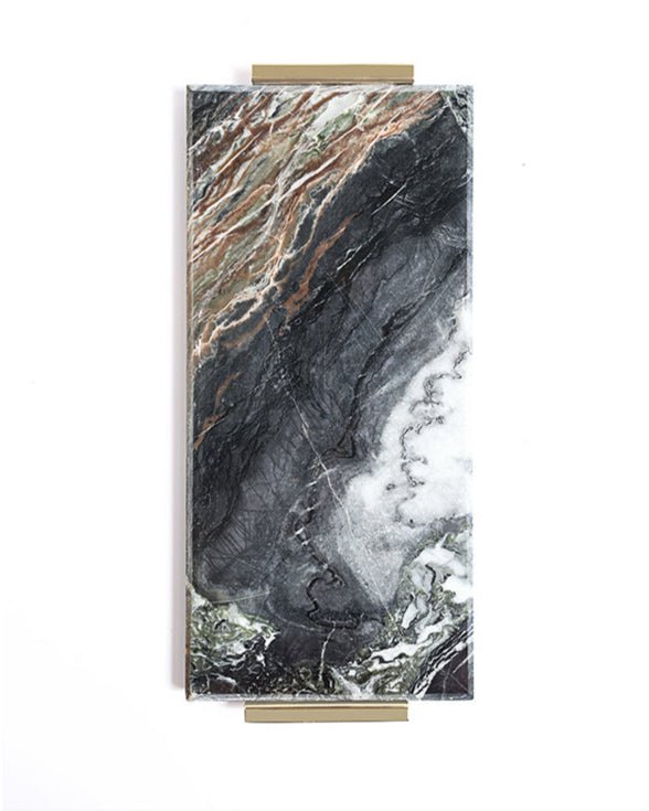 Luxury Handmade Italian Natural Marble Serving Tray with Brass and Jade - Inspired Flow Pattern - WonderlandByLilian