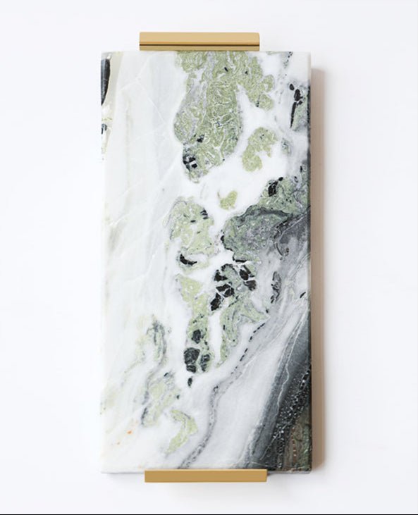 Luxury Handmade Italian Natural Marble Serving Tray with Brass and Jade - Inspired Flow Pattern - WonderlandByLilian