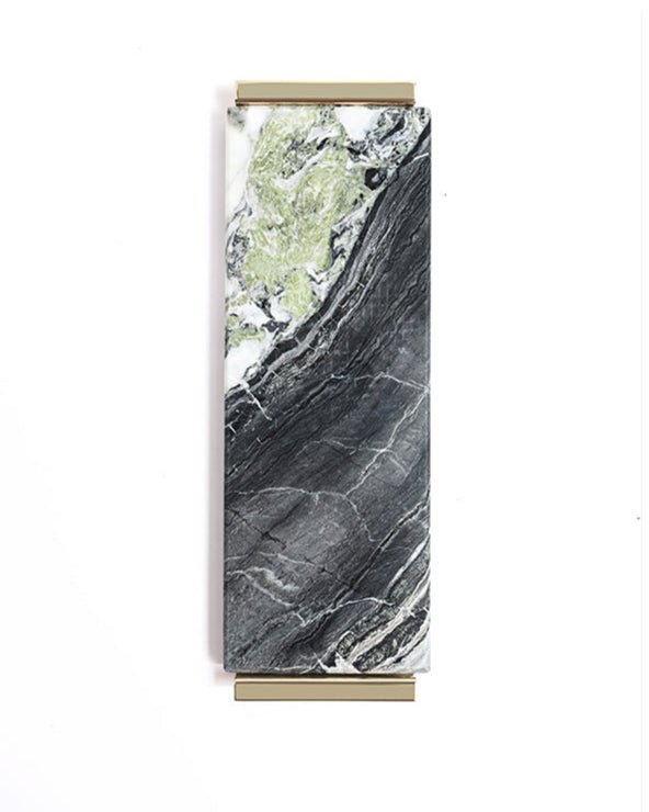 Luxury Handmade Italian Natural Marble Serving Tray with Brass and Jade - Inspired Flow Pattern - WonderlandByLilian