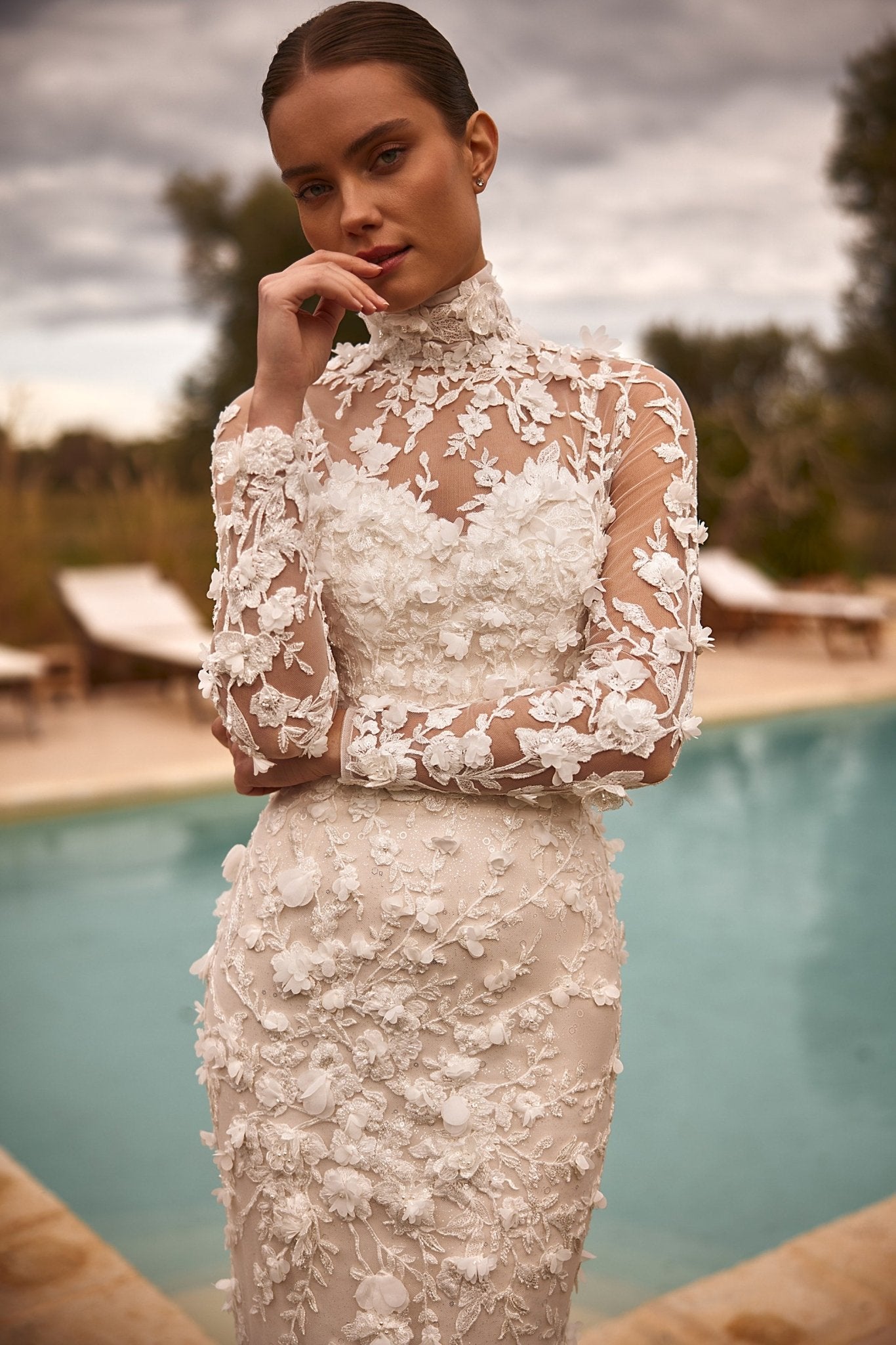 Luxury High-Neck Floral Appliqué Wedding Dress with Long Sleeves Plus Size - WonderlandByLilian