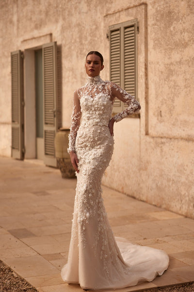 Luxury High-Neck Floral Appliqué Wedding Dress with Long Sleeves Plus Size - WonderlandByLilian