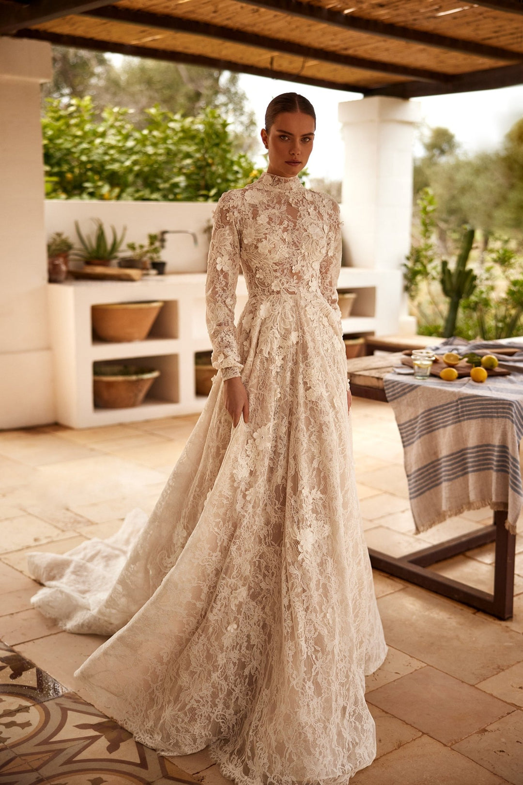 Luxury High Neck Modest Long Sleeve Vintage-Inspired Lace Wedding Gown Plus Size - WonderlandByLilian