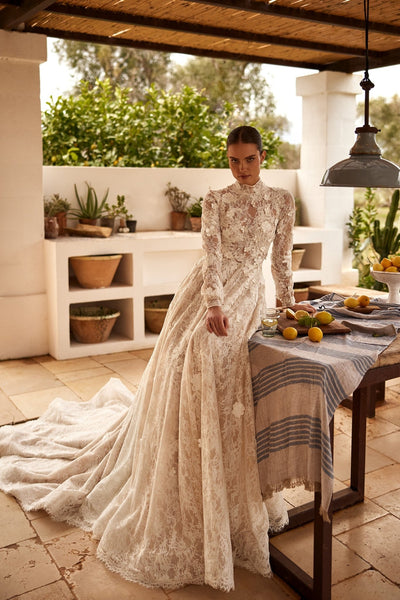 Luxury High Neck Modest Long Sleeve Vintage-Inspired Lace Wedding Gown Plus Size - WonderlandByLilian
