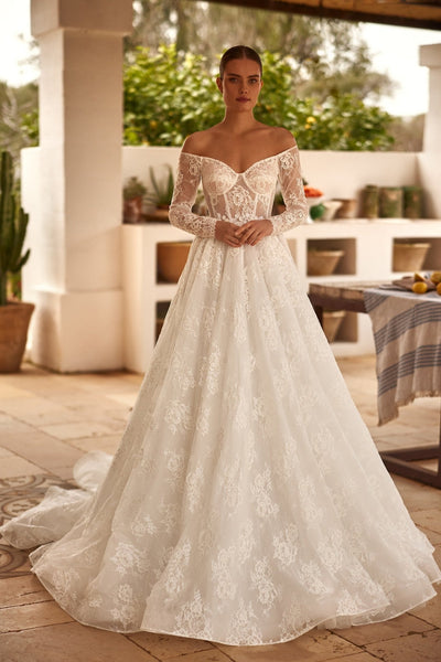 Luxury Long-Sleeve Off-Shoulder Lace Wedding Dress with Cascading Train Plus Size Size 8 Luxury Long-Sleeve Off-Shoulder Lace Wedding Dress with Cascading Train Plus Size Size 8