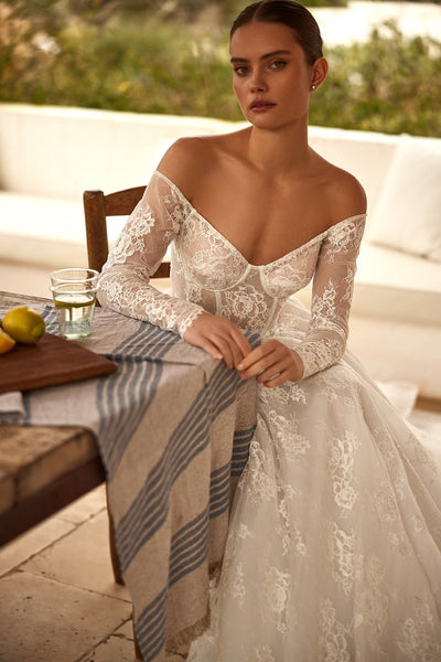 Luxury Long-Sleeve Off-Shoulder Lace Wedding Dress with Cascading Train Plus Size - WonderlandByLilian