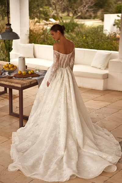 Luxury Long-Sleeve Off-Shoulder Lace Wedding Dress with Cascading Train Plus Size - WonderlandByLilian