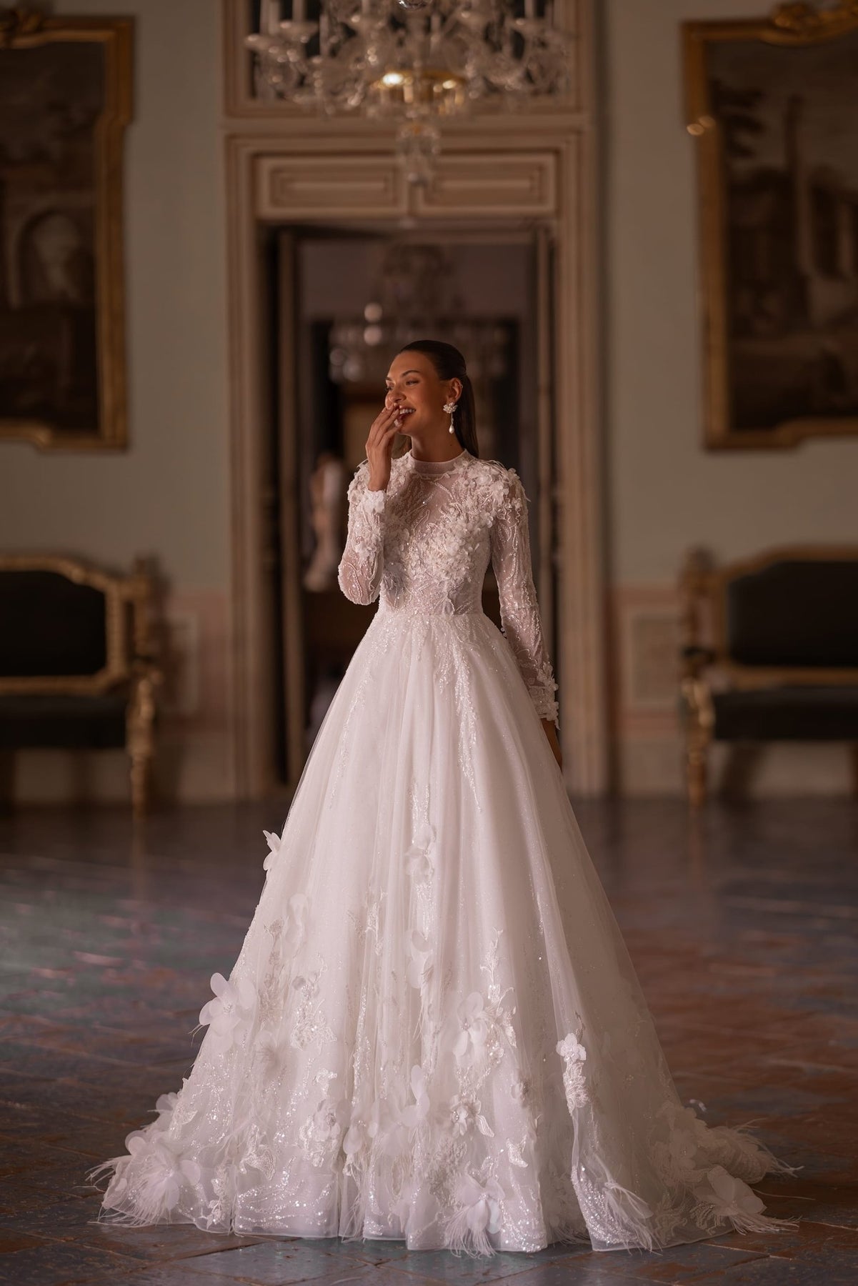 Luxury Modest A-Line Bridal Gown with Floral Appliqu and Translucent WonderlandByLilian Luxury Modest A-Line Bridal Gown with Floral Appliqu and Translucent WonderlandByLilian