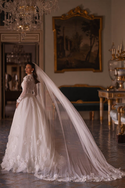 Luxury Modest A-Line Bridal Gown with Floral Appliqué and Translucent High Neck Corset, Plus Size Available - WonderlandByLilian