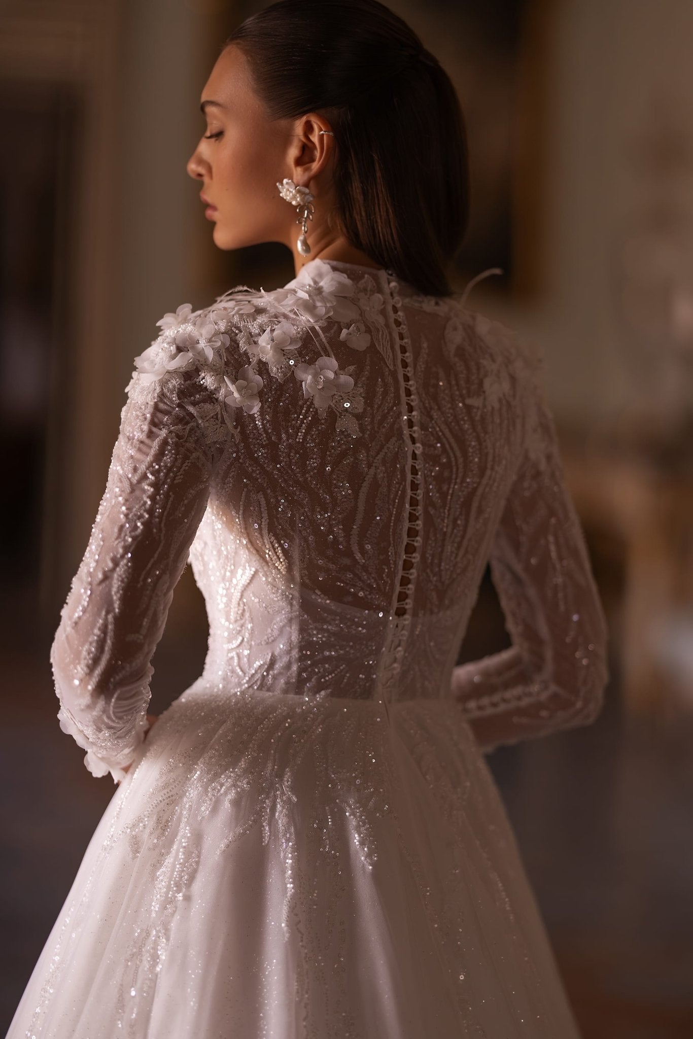 Luxury Modest A-Line Bridal Gown with Floral Appliqué and Translucent High Neck Corset, Plus Size Available - WonderlandByLilian