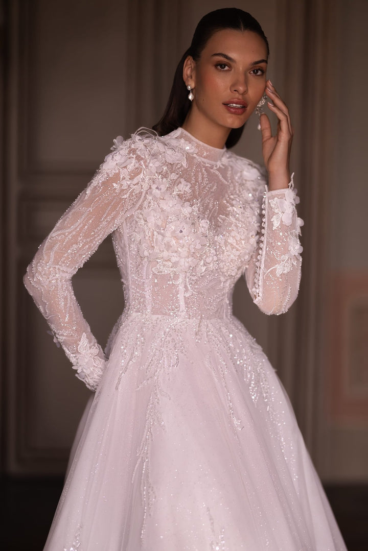 Luxury Modest A-Line Bridal Gown with Floral Appliqué and Translucent High Neck Corset, Plus Size Available - WonderlandByLilian