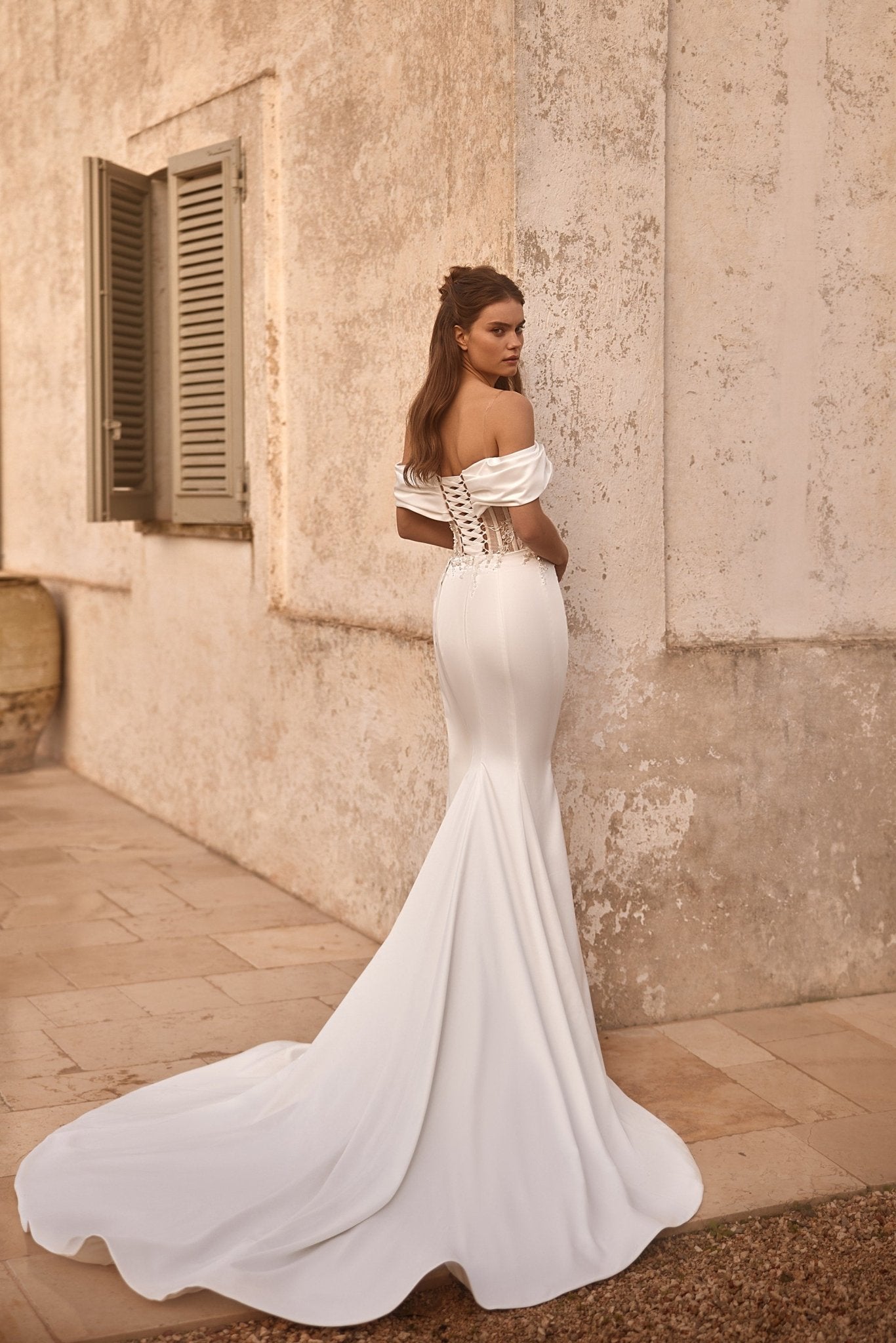 Luxury Off-Shoulder Satin Mermaid Wedding Gown with Lace-Up Corset and Dramatic Train Plus Size - WonderlandByLilian