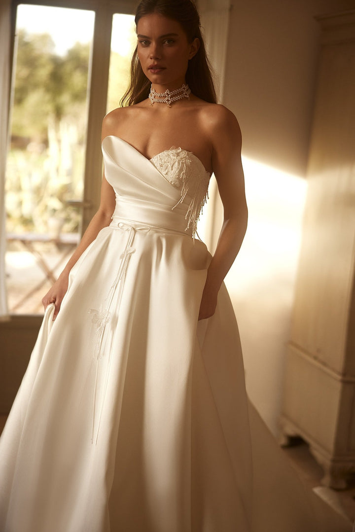 Luxury Satin Strapless Wedding Gown with Beaded Corset and Majestic Train Plus Size - WonderlandByLilian