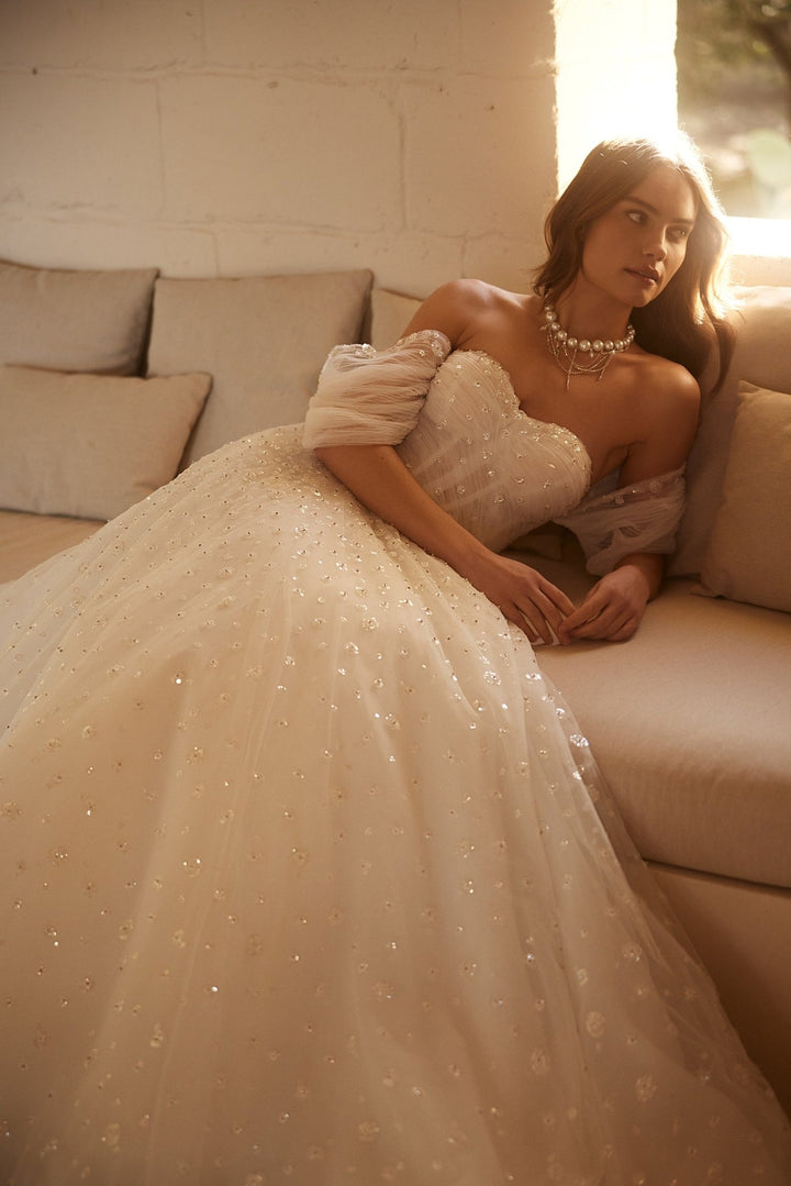 Luxury Sequined Off-Shoulder Wedding Dress with Elegant Train Plus Size - WonderlandByLilian