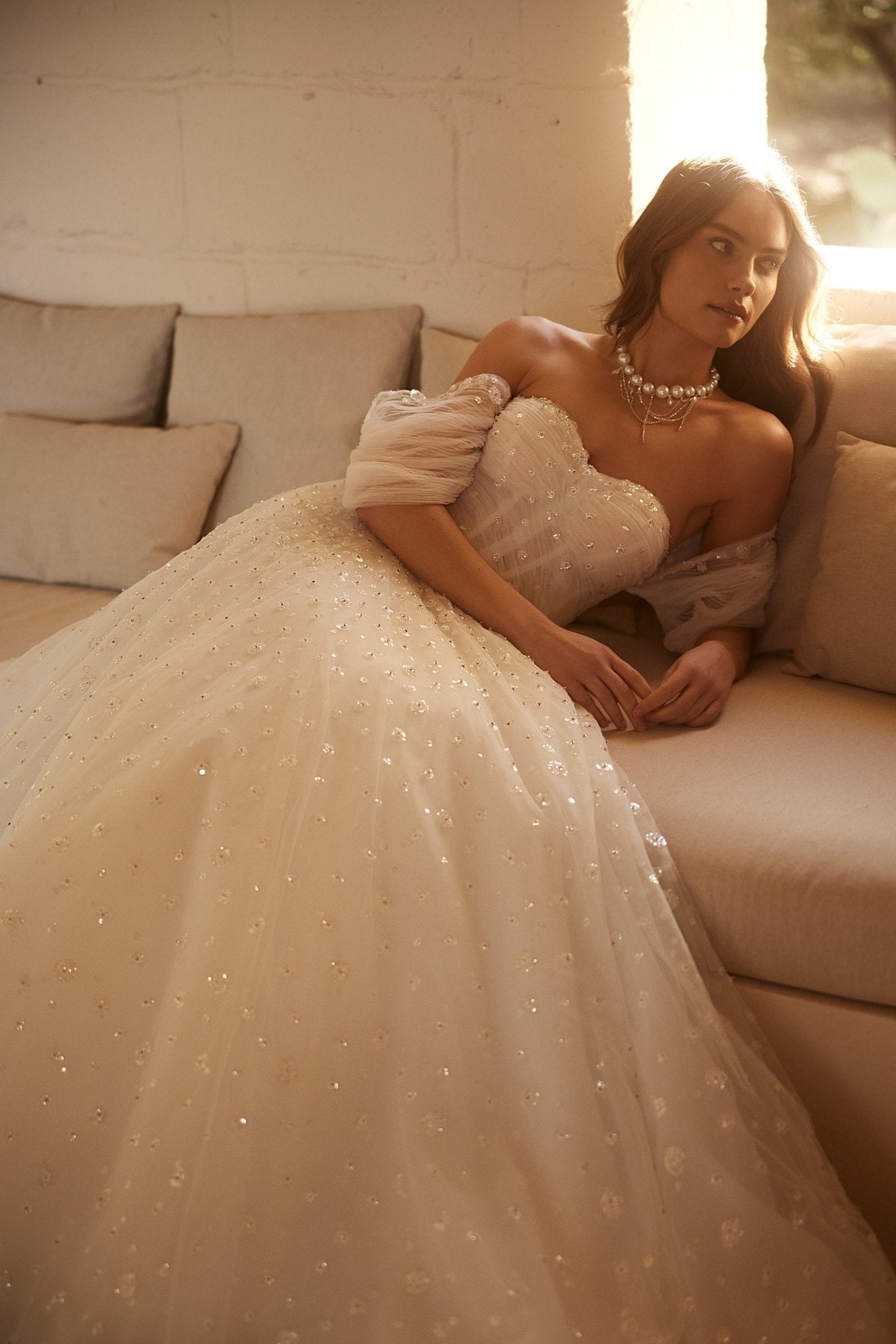 Luxury Sequined Off-Shoulder Wedding Dress with Elegant Train Plus Size - WonderlandByLilian