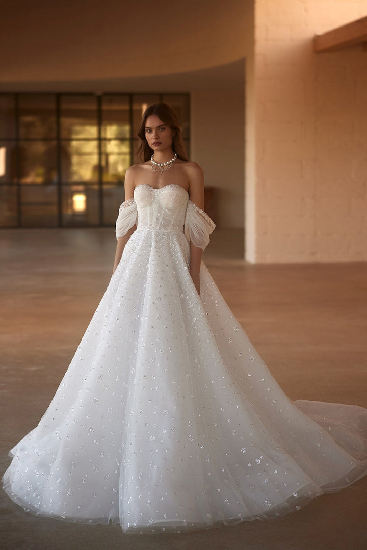 Luxury Sequined Off-Shoulder Wedding Dress with Elegant Train Plus Size - WonderlandByLilian