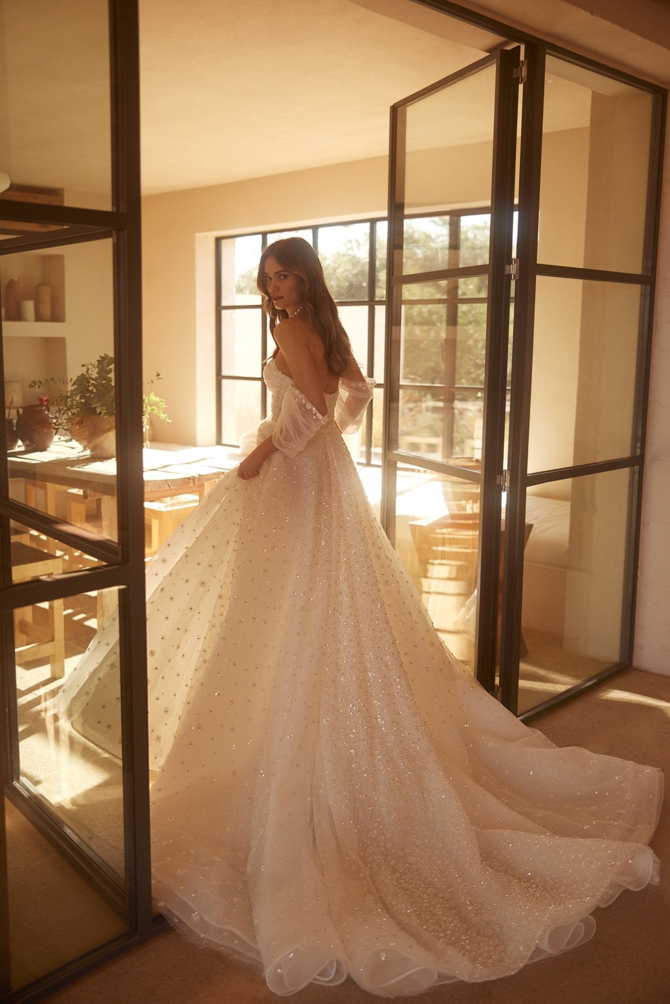 Luxury Sequined Off-Shoulder Wedding Dress with Elegant Train Plus Size - WonderlandByLilian