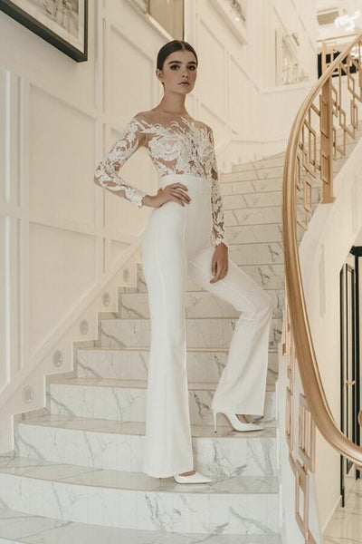 Luxury White Formal Lace and Beaded Sheer Plus Size Bridal Jumpsuit with Customized Train - WonderlandByLilian