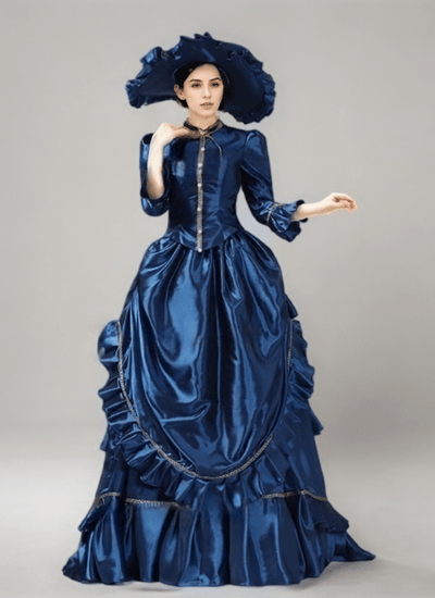 Majestic Blue Rococo Ball Gown – Regal Ruffle Layered Design with Golden Trim Plus Size - WonderlandByLilian