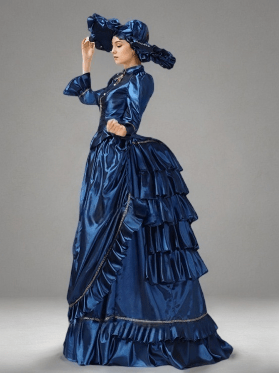 Majestic Blue Rococo Ball Gown – Regal Ruffle Layered Design with Golden Trim Plus Size - WonderlandByLilian