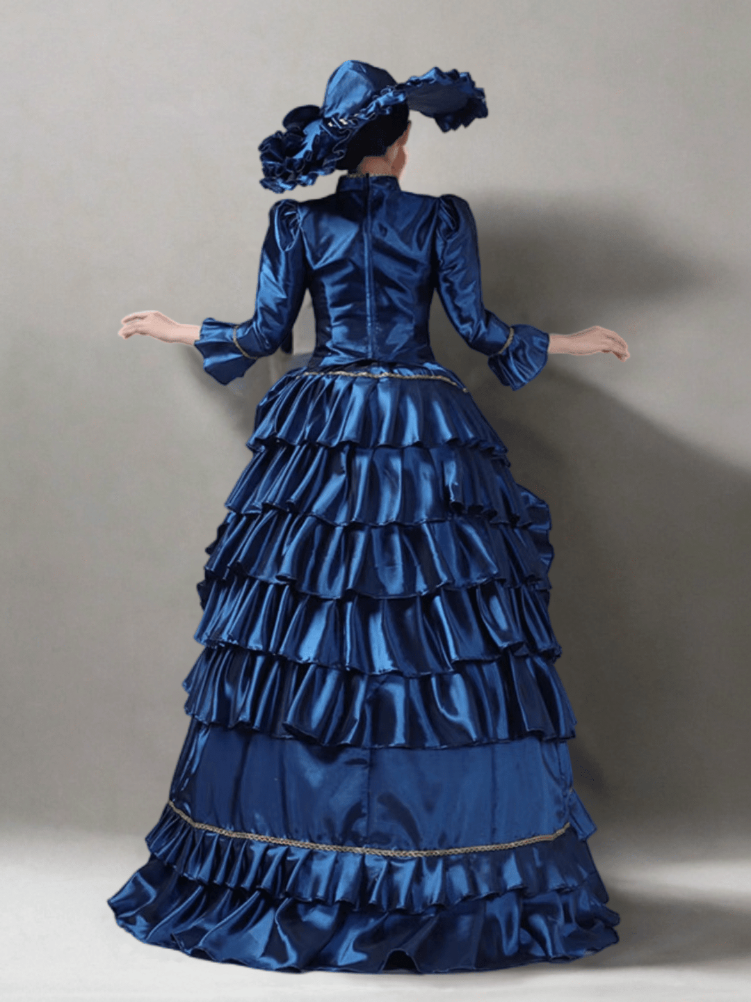 Majestic Blue Rococo Ball Gown – Regal Ruffle Layered Design with Golden Trim Plus Size - WonderlandByLilian