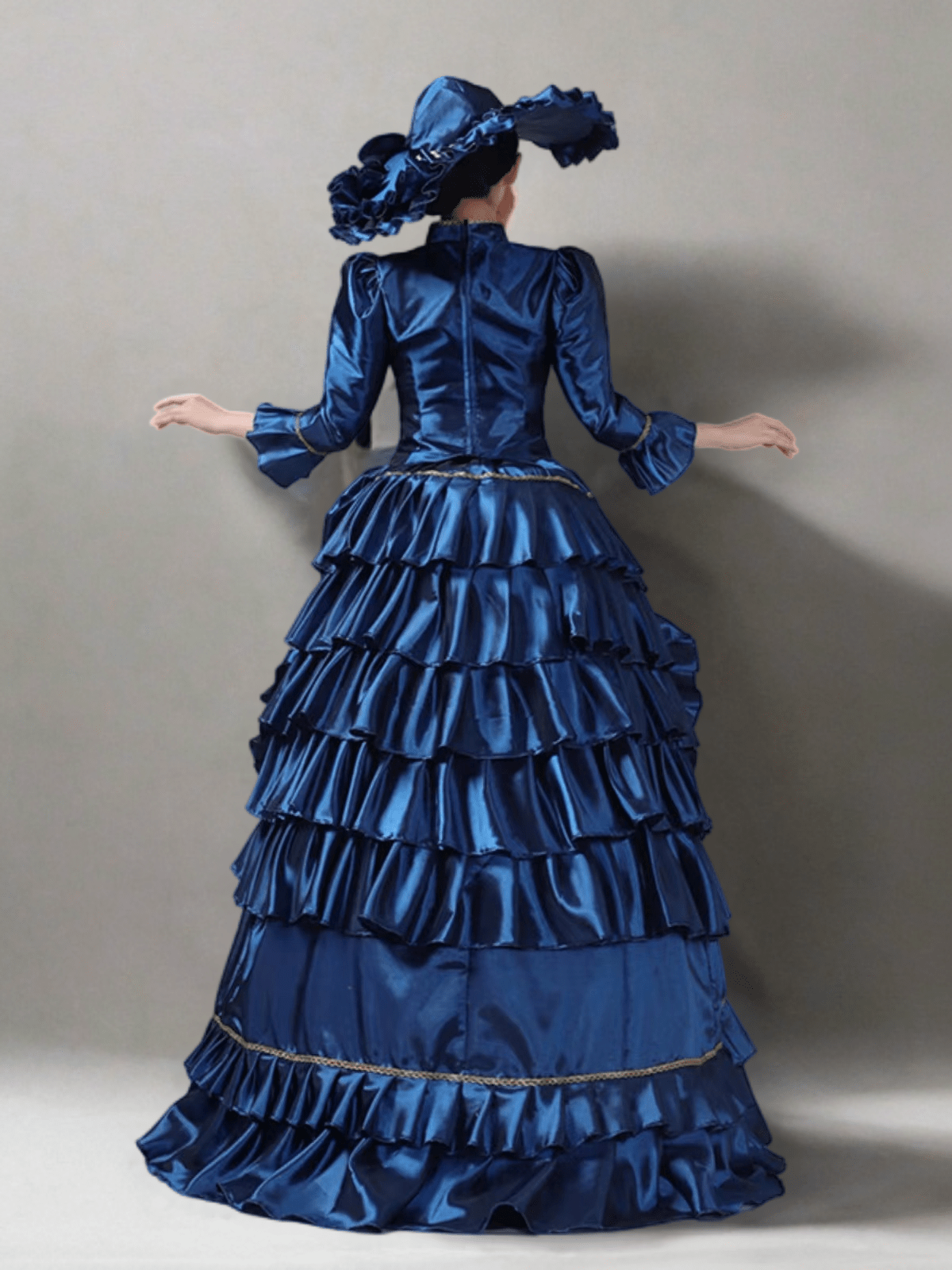 Majestic Blue Rococo Ball Gown – Regal Ruffle Layered Design with Golden Trim Plus Size - WonderlandByLilian