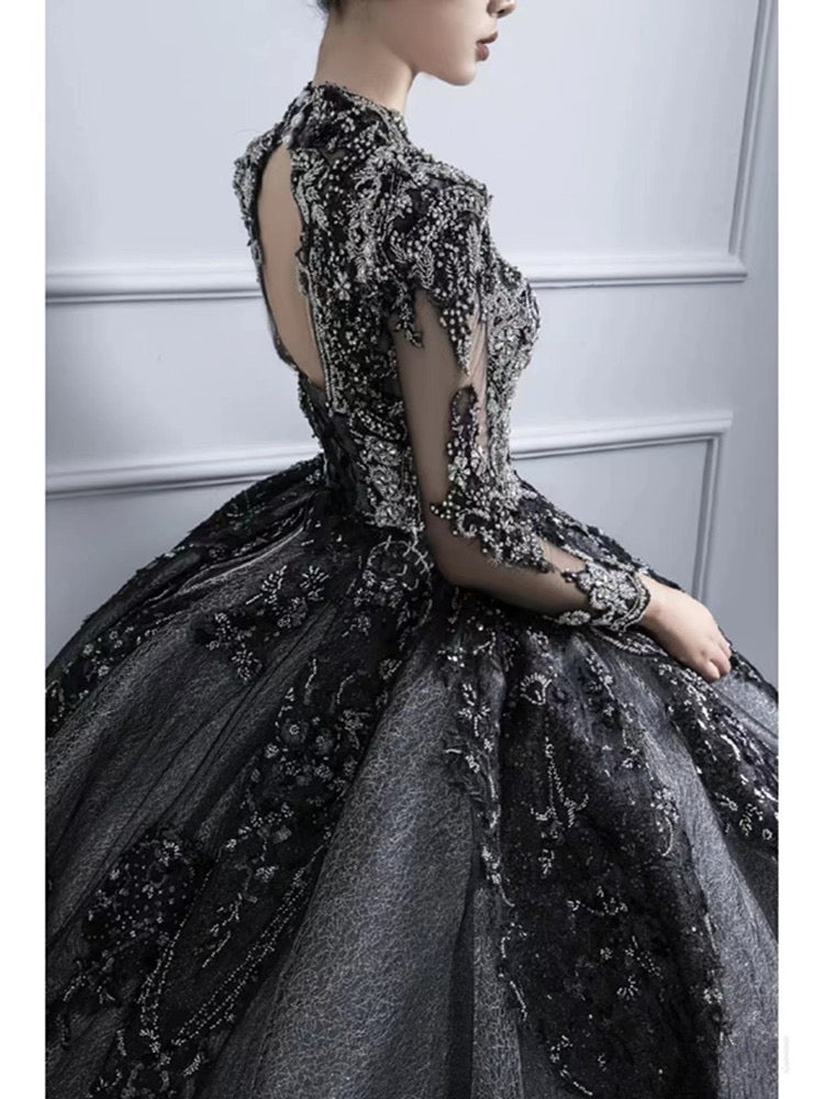 Majestic Gothic Black Wedding Dress with Open Back Embellished Silver Lace and Luxurious Train Plus Size - WonderlandByLilian