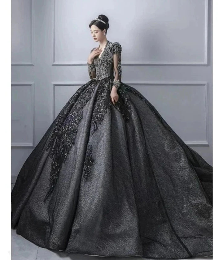 Majestic Gothic Black Wedding Dress with Open Back Embellished Silver Lace and Luxurious Train Plus Size - WonderlandByLilian