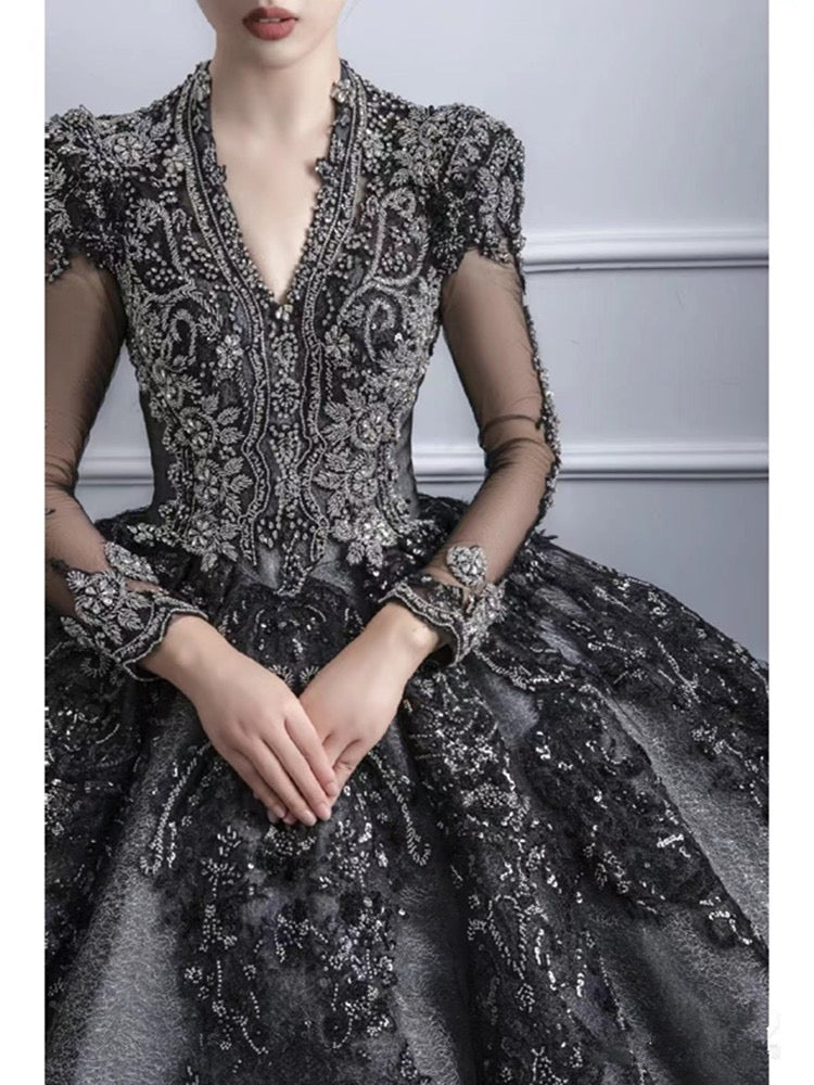 Majestic Gothic Black Wedding Dress with Open Back Embellished Silver Lace and Luxurious Train Plus Size - WonderlandByLilian