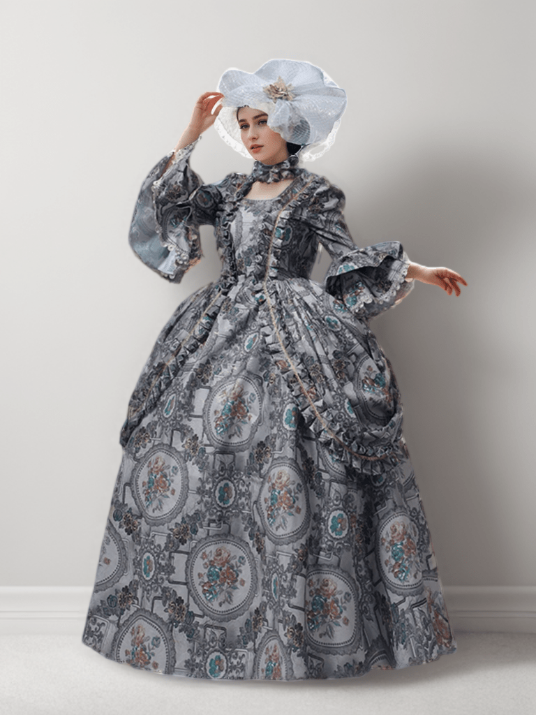 Majestic Grey Rococo Style Dress – Exquisite Baroque Print Ball Gown with Lace Detailing Plus Size - WonderlandByLilian