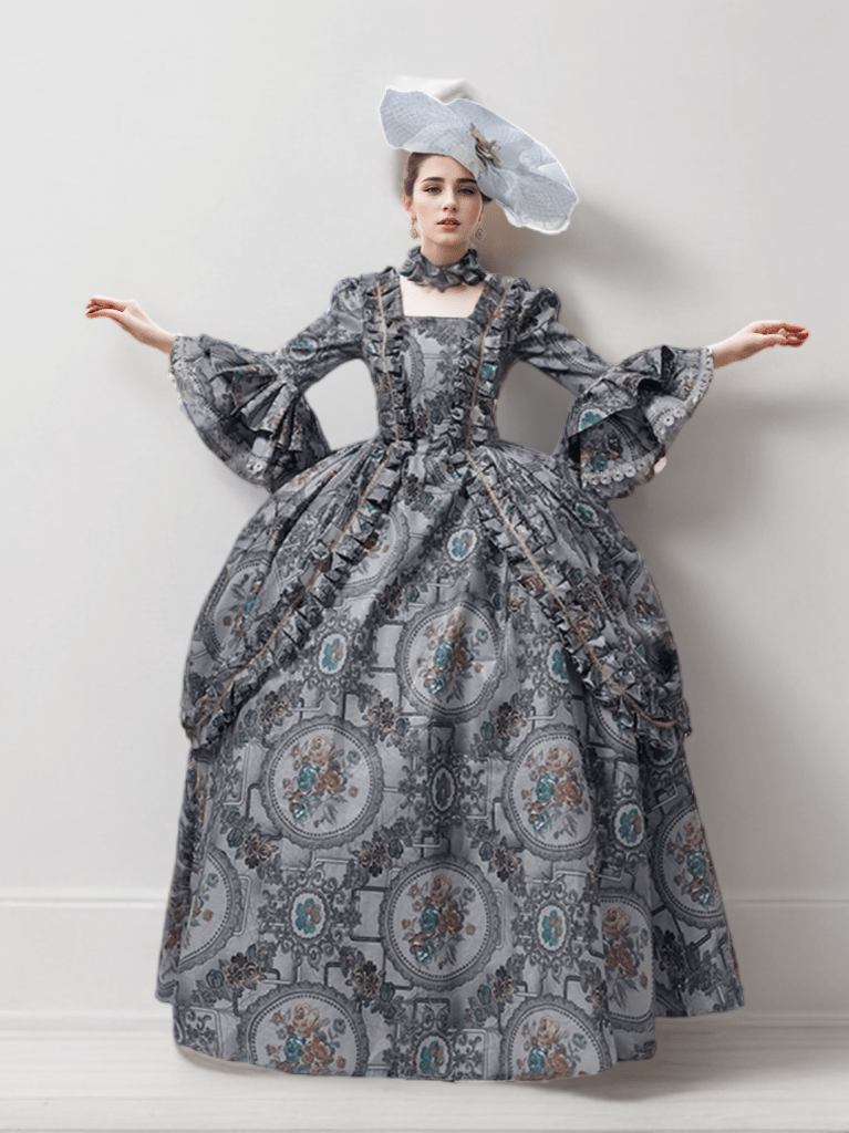 Majestic Grey Rococo Style Dress – Exquisite Baroque Print Ball Gown with Lace Detailing Plus Size - WonderlandByLilian