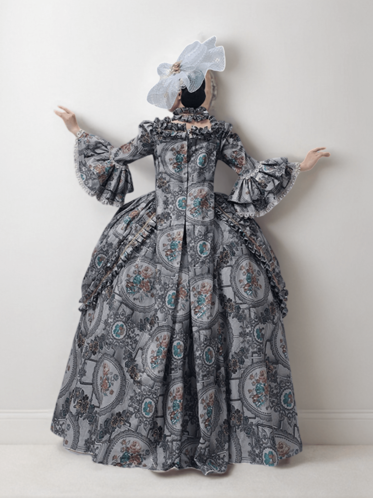 Majestic Grey Rococo Style Dress – Exquisite Baroque Print Ball Gown with Lace Detailing Plus Size - WonderlandByLilian