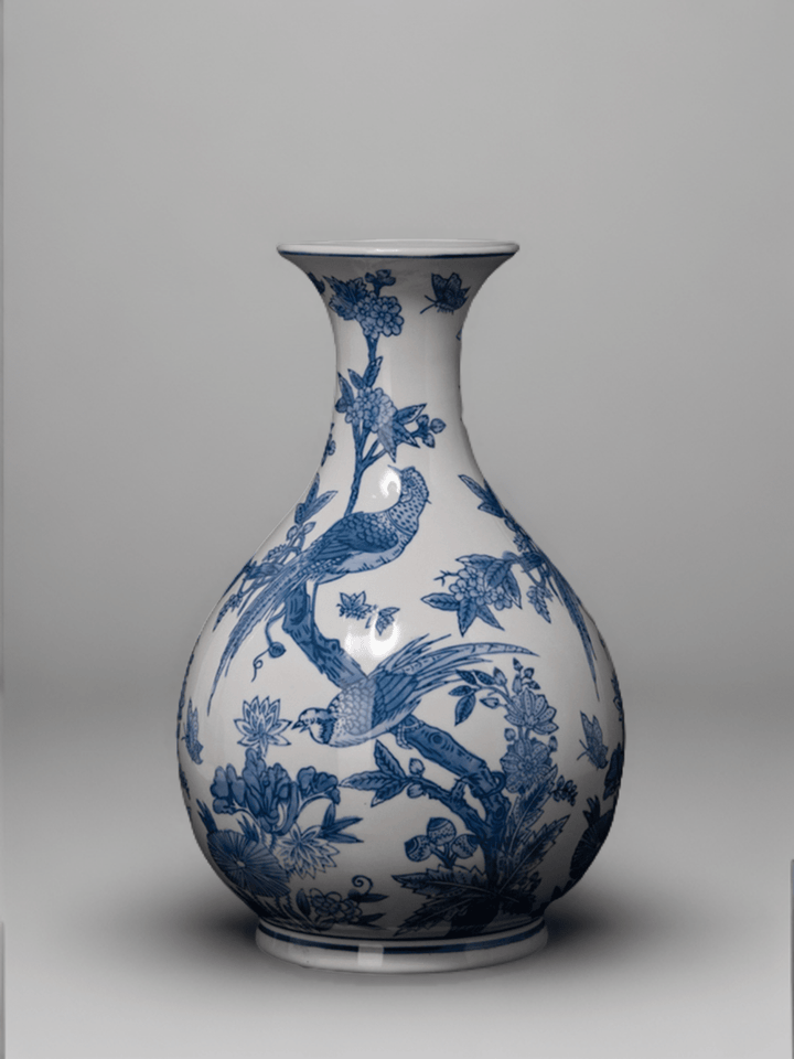 Mandarin Handmade Blue and White Porcelain Vases with Hand Painted Phoenix and Floral Design - WonderlandByLilian