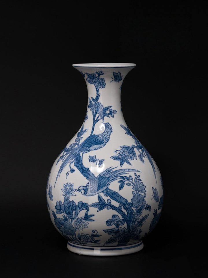 Mandarin Handmade Blue and White Porcelain Vases with Hand Painted Phoenix and Floral Design - WonderlandByLilian