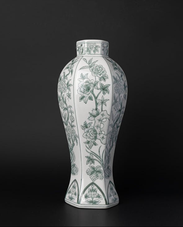Mandarin Handmade Green and White Porcelain Vase with Hand - Painted Celadon Floral Motifs - WonderlandByLilian
