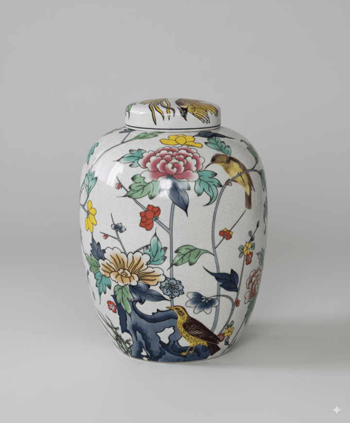 Mandarin White Handmade Famille Rose Porcelain Vase with Crackle Glaze Collectible Jar - WonderlandByLilian