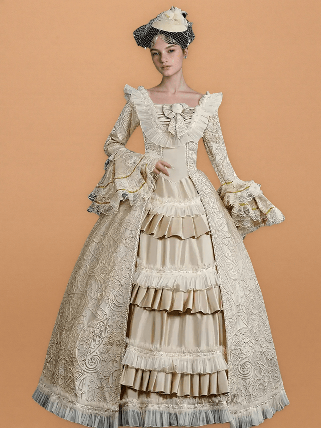 Marie Antoinette Dress and Cream Rococo Ball Gown – Vintage Lace Corset Dress with Ruffle Sleeves and Tiered Skirt - WonderlandByLilian
