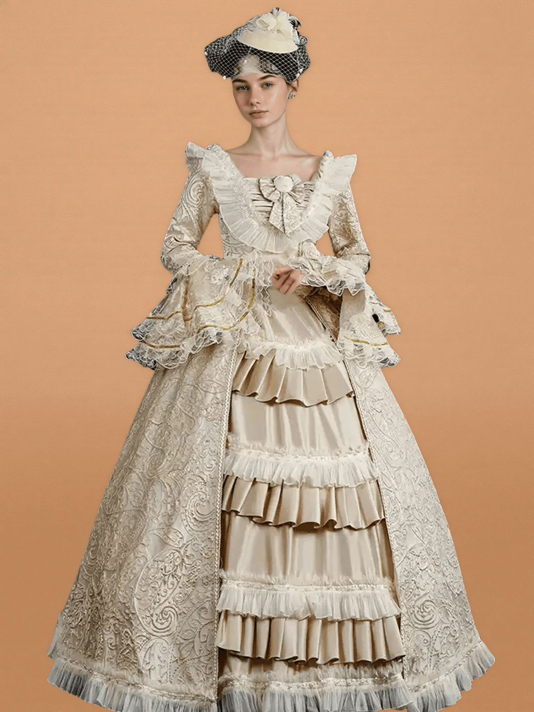 Marie Antoinette Dress and Cream Rococo Ball Gown – Vintage Lace Corset Dress with Ruffle Sleeves and Tiered Skirt - WonderlandByLilian