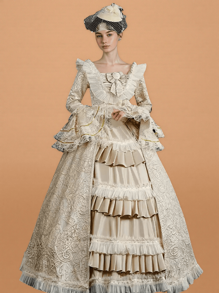 Marie Antoinette Dress and Cream Rococo Ball Gown – Vintage Lace Corset Dress with Ruffle Sleeves and Tiered Skirt - WonderlandByLilian