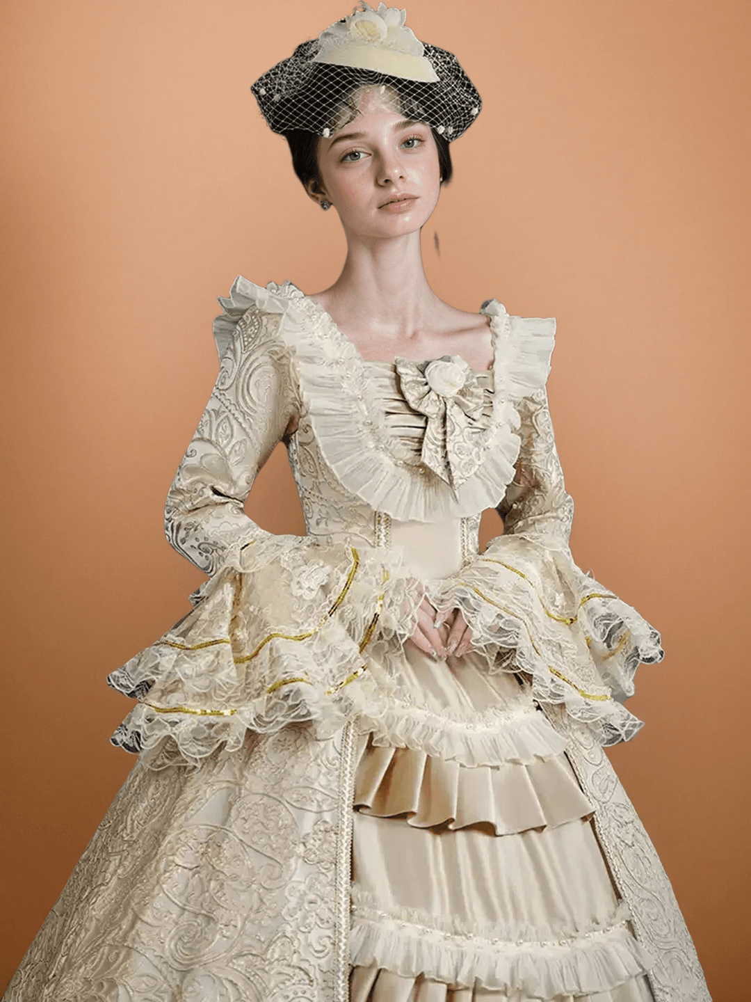 Marie Antoinette Dress and Cream Rococo Ball Gown – Vintage Lace Corset Dress with Ruffle Sleeves and Tiered Skirt - WonderlandByLilian