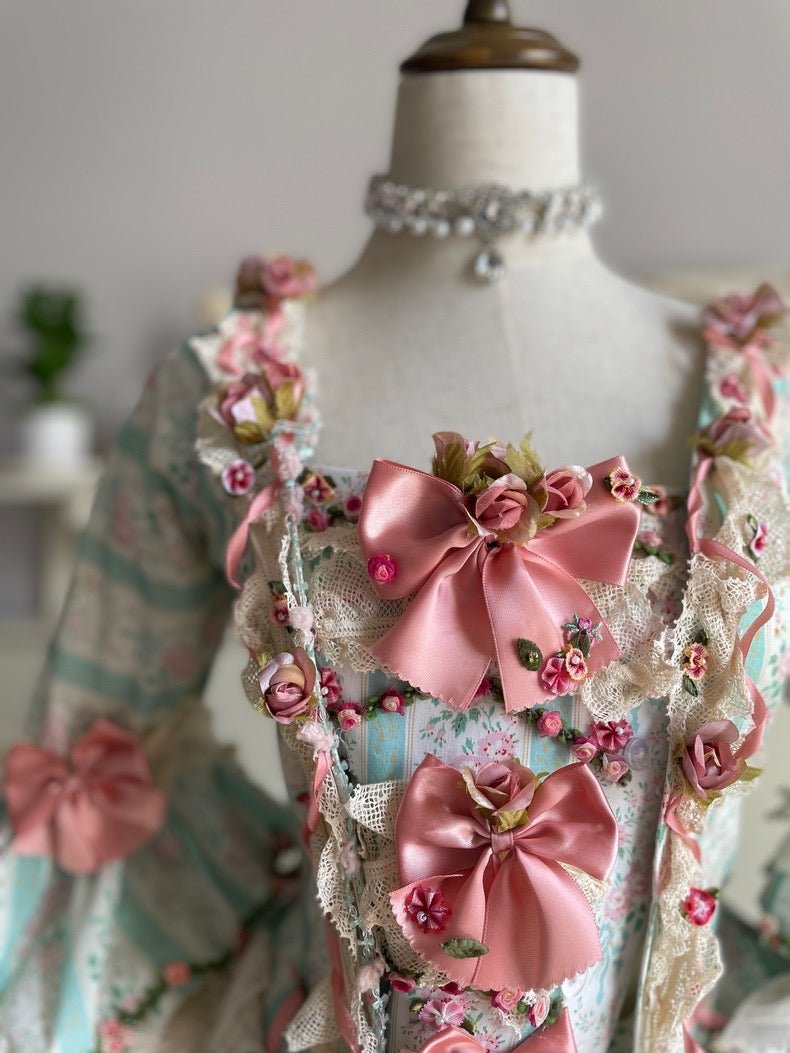 Marie Antoinette Pastel Green and Pink Ball Gown - Rococo Style Dress and Baroque Wedding Dress with Bow Tie and Floral Accents Plus Size - WonderlandByLilian