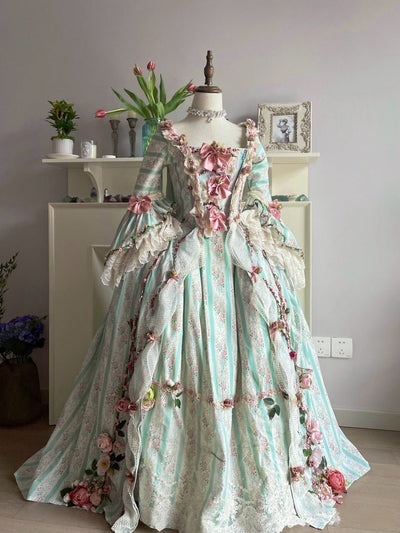 Marie Antoinette Pastel Green and Pink Ball Gown - Rococo Style Dress and Baroque Wedding Dress with Bow Tie and Floral Accents Plus Size - WonderlandByLilian