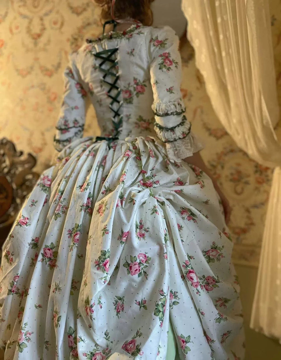 Marie Antoinette Pastel Green and Pink Floral Ball Gown - Rococo Style Dress and Corset Back Wedding Dress with Floral Accents Plus Size Size 14 / Marie Antoinette Pastel Green and Pink Floral Ball Gown - Rococo Style Dress and Corset Back Wedding Dress with Floral Accents Plus Size Size 14 /